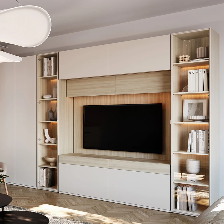 Aranżacja panelu z szafkami w salonie w formie zabudowy wokół telewizora
