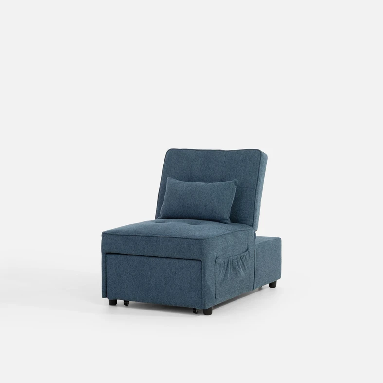 Niebieska sofa 1-osobowa rozkładana, z kieszenią boczną