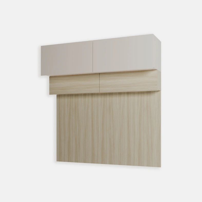 Panel w kolorze jasnego drewna z 4 szafkami klapowymi do zabudowy ściany