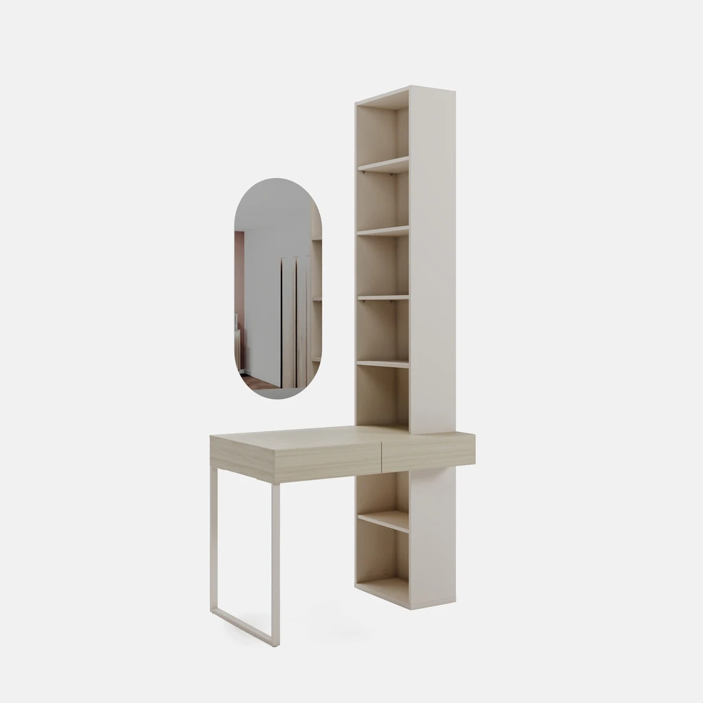 Beżowe biurko na metalowej płozie. Po prawej stronie posiada wysoki otwarty regał W zestawie znajduje się pionowe lustro