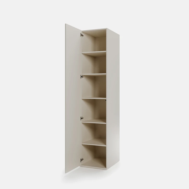 Otwarta szafa 1-drzwiowa z widocznymi 6 półkami