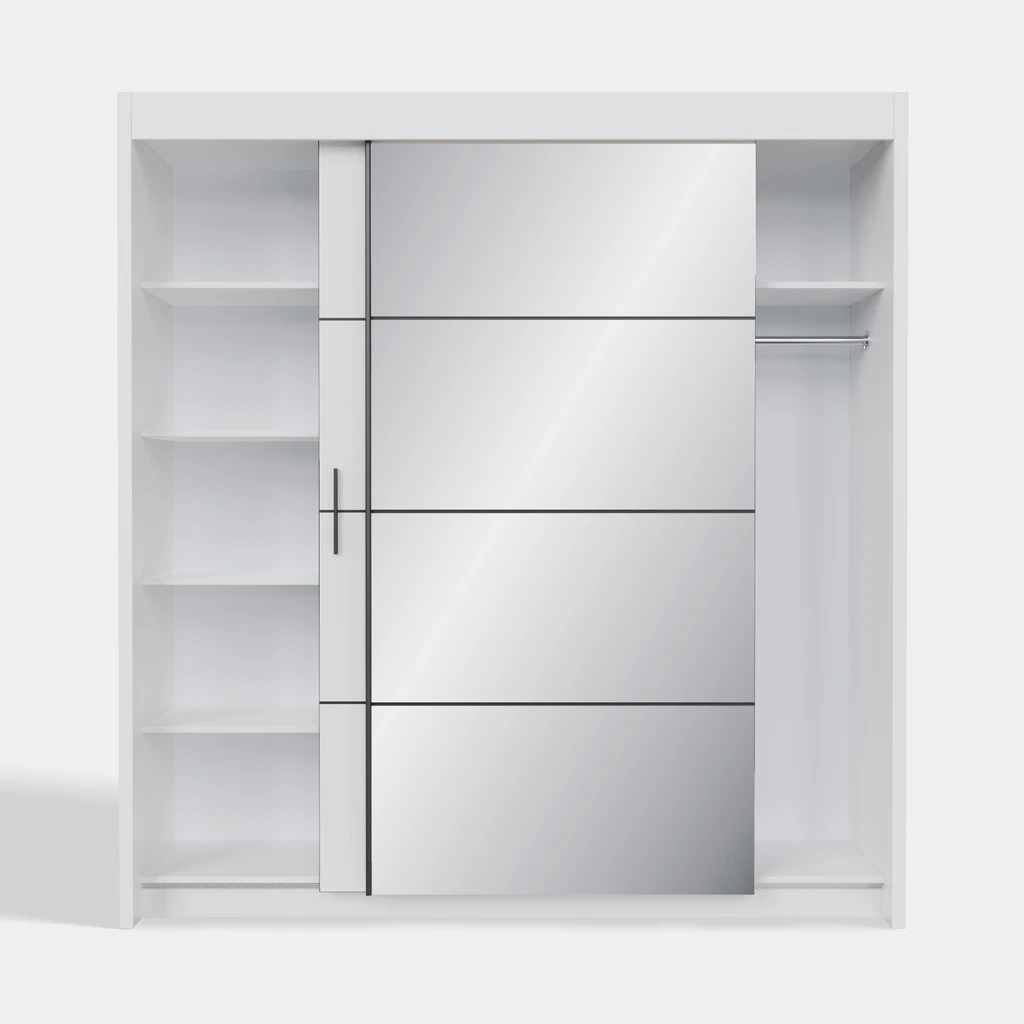 Otwarta biała szafa z widocznym wnętrzem z półkami i drążkiem ubraniowym