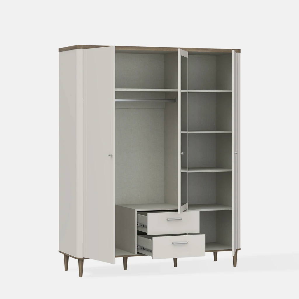 Otwarta szafa z widocznym wnętrzem pełnym półek i drążkiem ubraniowym