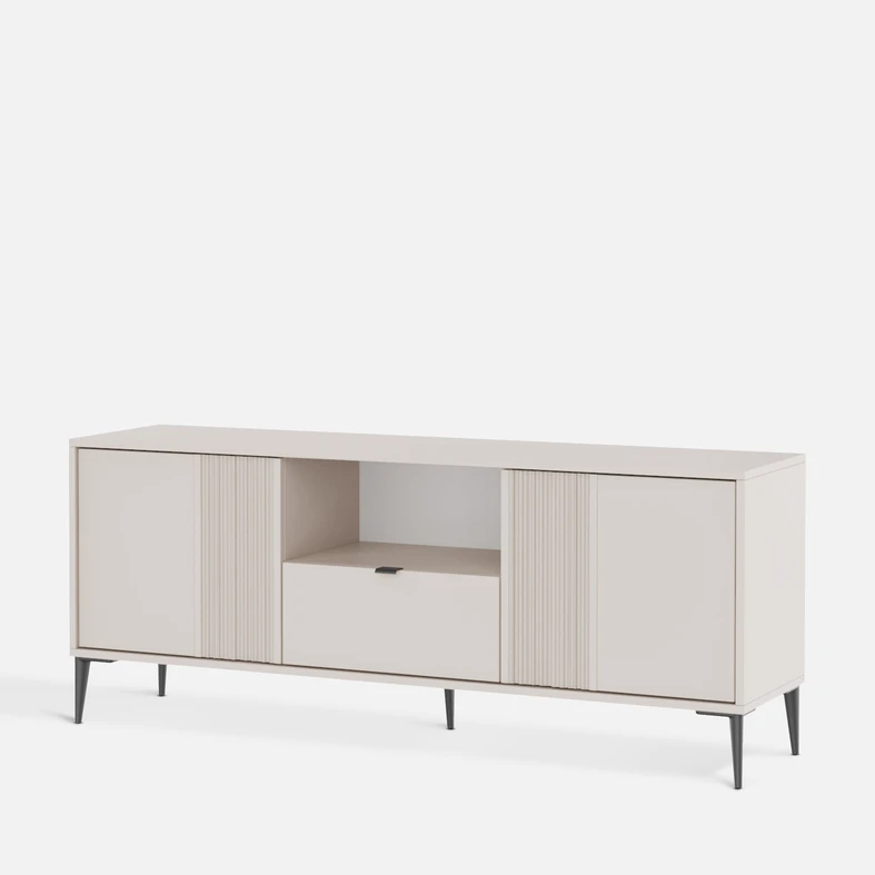 Szafka INERTIA w kaszmirze – otwarta wnęka, szuflada i fronty pomagają utrzymać porządek w salonie.