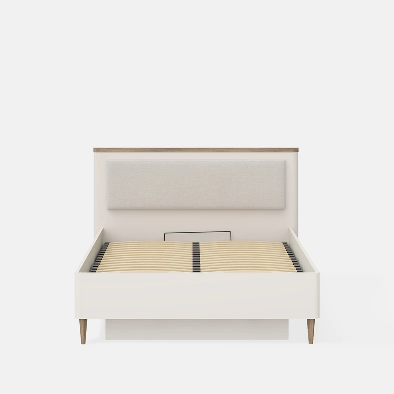 Beżowe łóżko z elementami w kolorze ciepłego drewna i tapicerowanym panelem na wezgłowiu