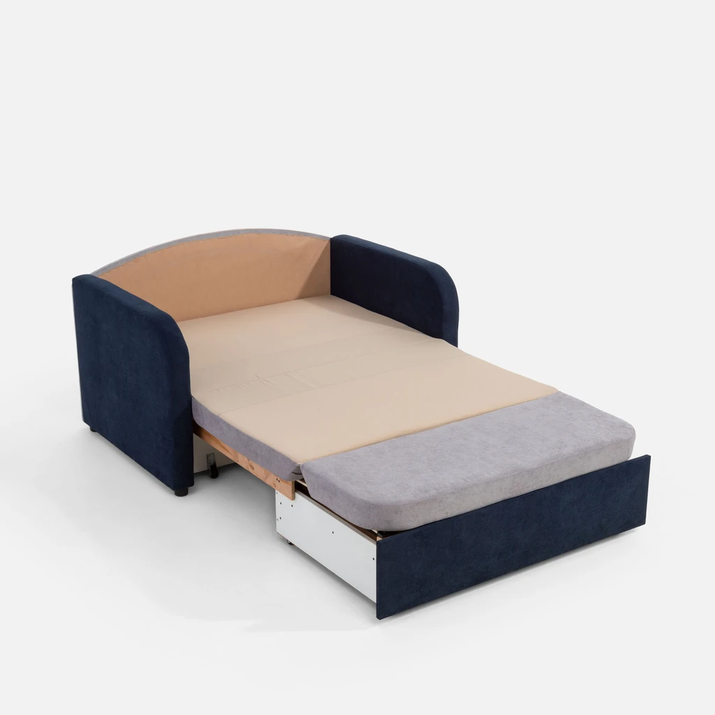 Dwuosobowa sofa po rozłożeniu. Oparcie ułożone na stelażu pojemnika na pościel. 