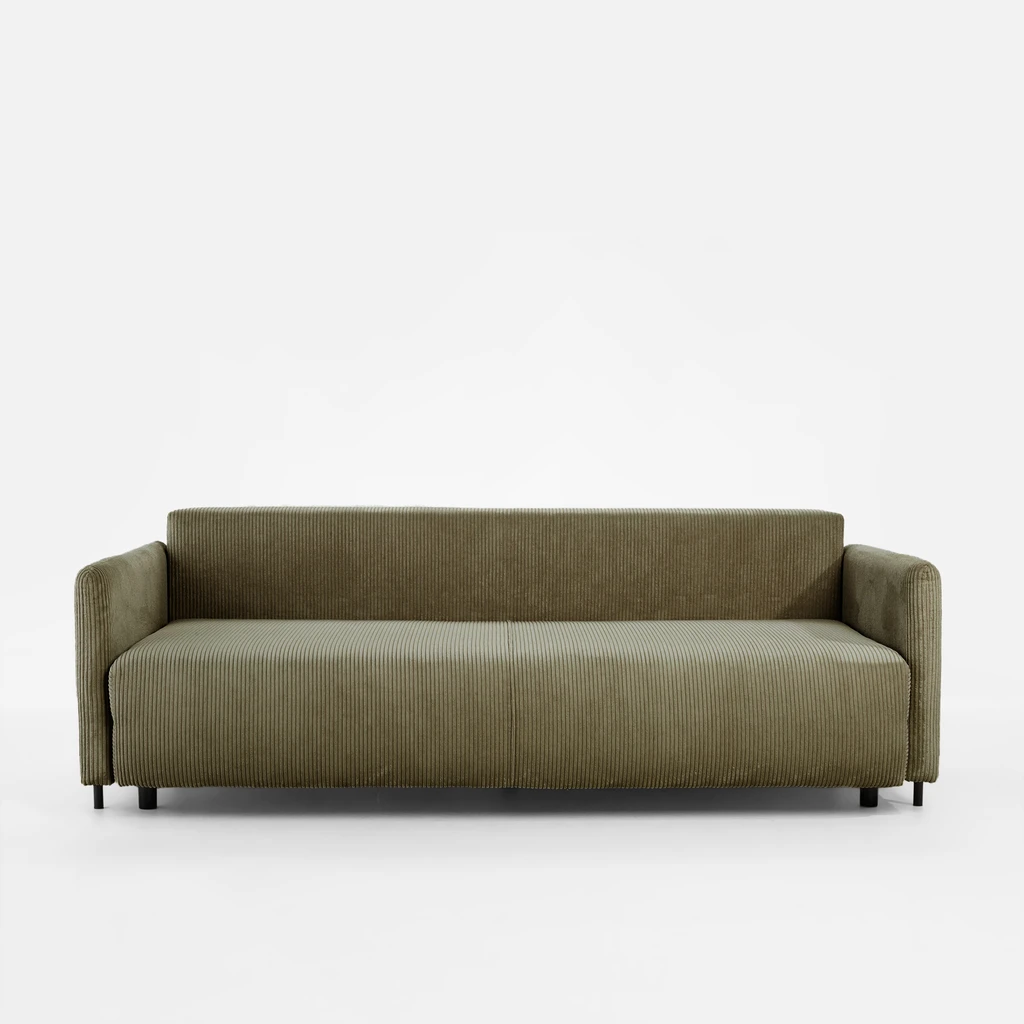 Oliwkowa sofa z prostokątnymi poduszkami i funkcją spania.