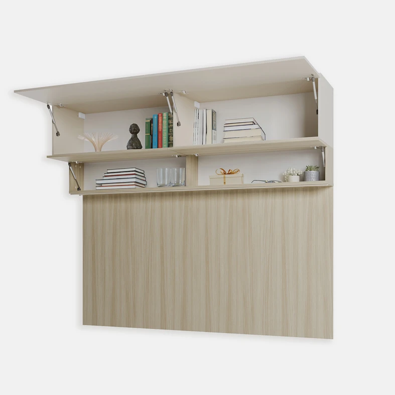 Otwarte szafki klapowe z widocznym wnętrzem z drobnymi przedmiotami