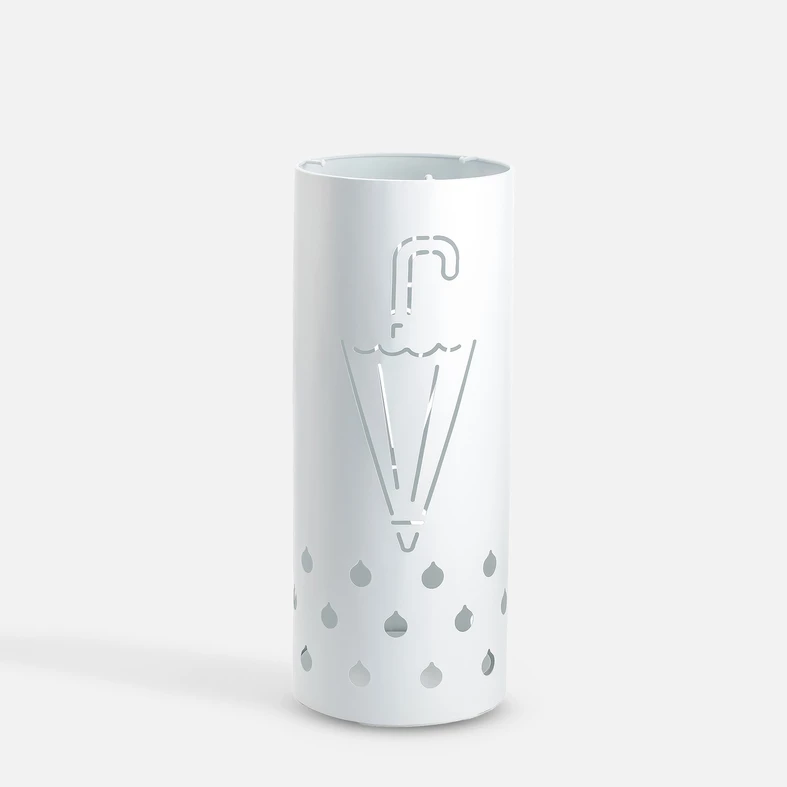 Cylindryczny, biały stojak na parasole z ażurowym wzorem parasola i kropel deszczu. 