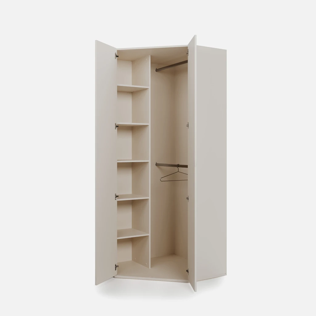 Otwarta szafa narożna z widocznymi półkami i 2 drążkami na wieszaki