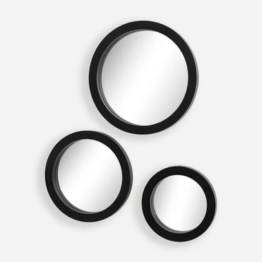 3 kulatá zrcadla v černém rámu