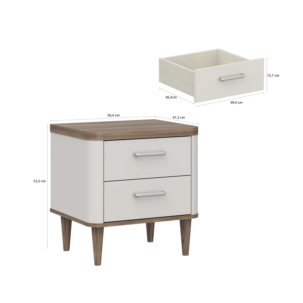 Rzut z ukosa na szafkę nocną z zaznaczonymi wymiarami