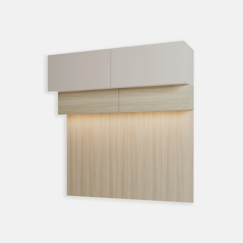 Panel z szafką wiszącą z dedykowanym oświetleniem LED w ciepłej barwie