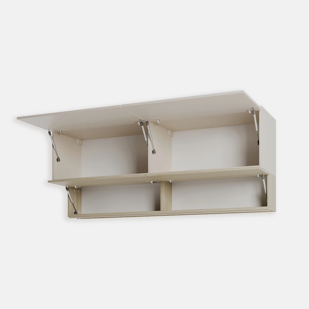 Otwarte szafki klapowe z widocznymi 4 półkami w środku