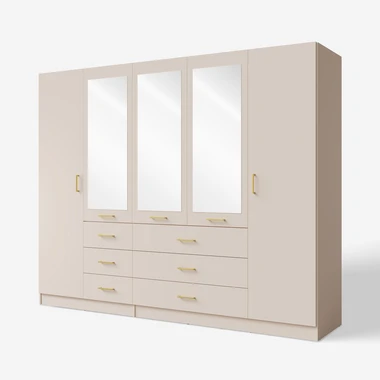 Béžová skříň se zrcadlem KONSO pětidveřová