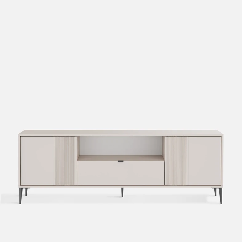 Szafka RTV INERTIA w kolorze kaszmiru – z szufladą, wnęką i dwoma frontami, które pomagają utrzymać porządek.