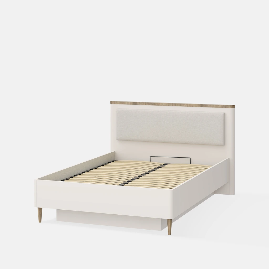 Beżowe łóżko z widocznym stelażem na łóżku