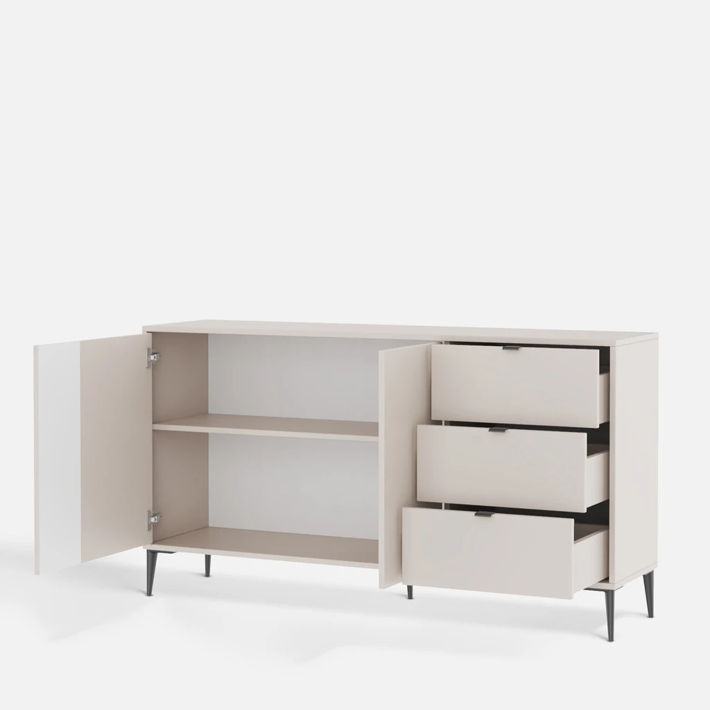 Komoda z szufladami INERTIA szerokość 157 cm kaszmir Jasna komoda z szufladami i szafkami – praktyczna, elegancka i idealna do salonu lub sypialni.