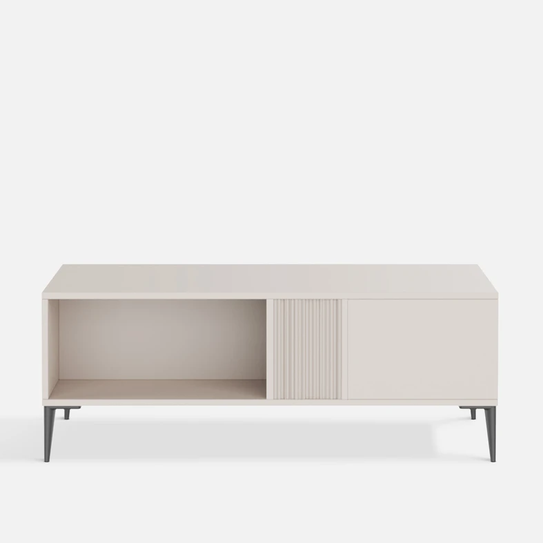 Stolik kawowy INERTIA kaszmir Stolik kawowy INERTIA w kolorze kaszmiru – z otwartymi wnękami i metalowymi nóżkami, idealny do salonu.