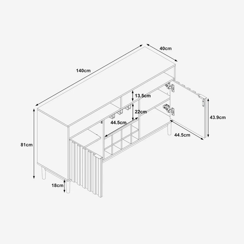 Rysunek techniczny komody z podanymi wybranymi wymiarami