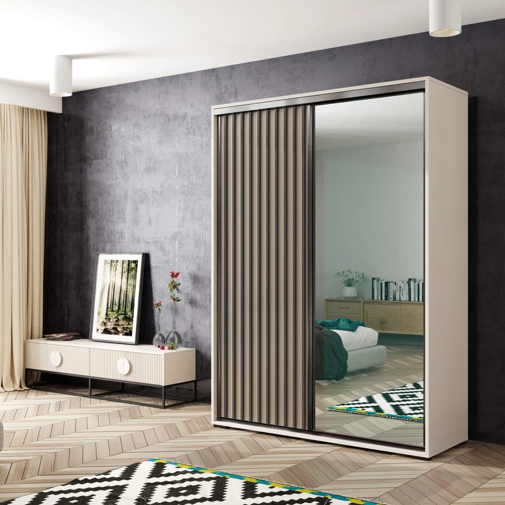 Aranżacja nowoczesnej sypialni z kaszmirową szafą z lamelami i lustrem