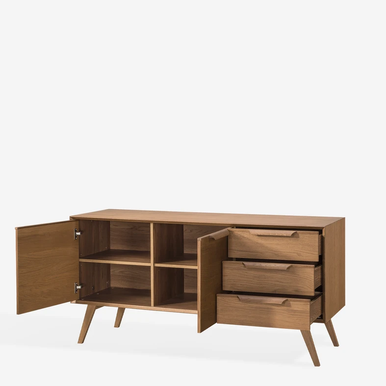 Zdjęcie użytkowe, szuflady komody w stylu retro są nieco wysunięte, drzwiczki otwarte - ukazują cztery wnęki.