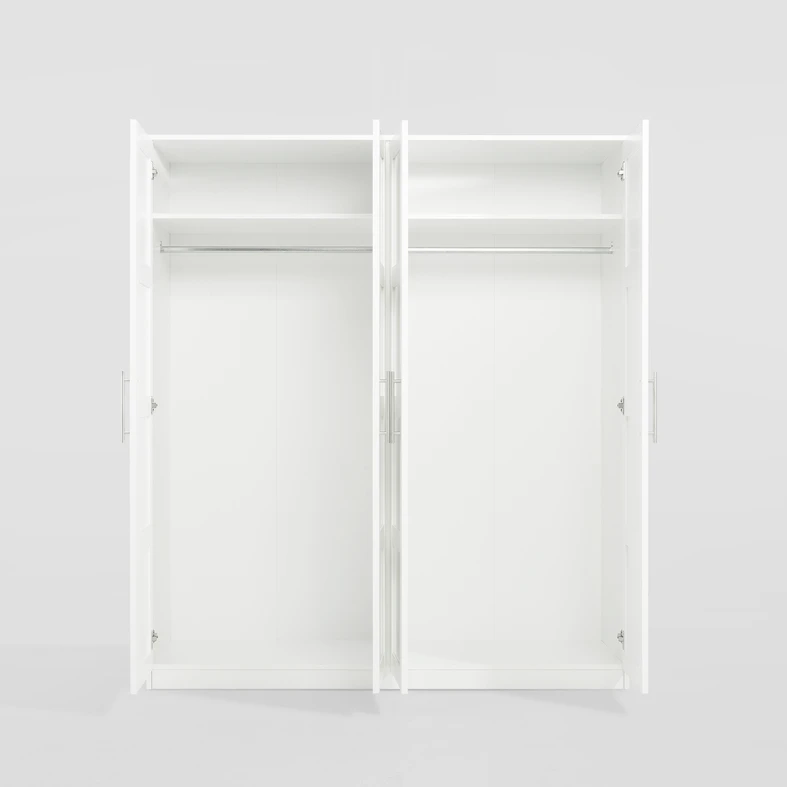 Otwarta szafa z widocznymi 2 górnymi półkami i 2 drążkami ubraniowymi