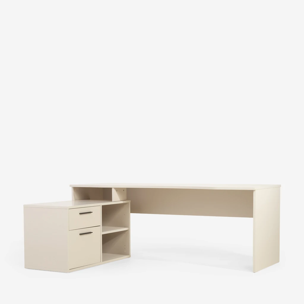 Beżowe biurko narożne, z komodą boczną z szafką i szufladą