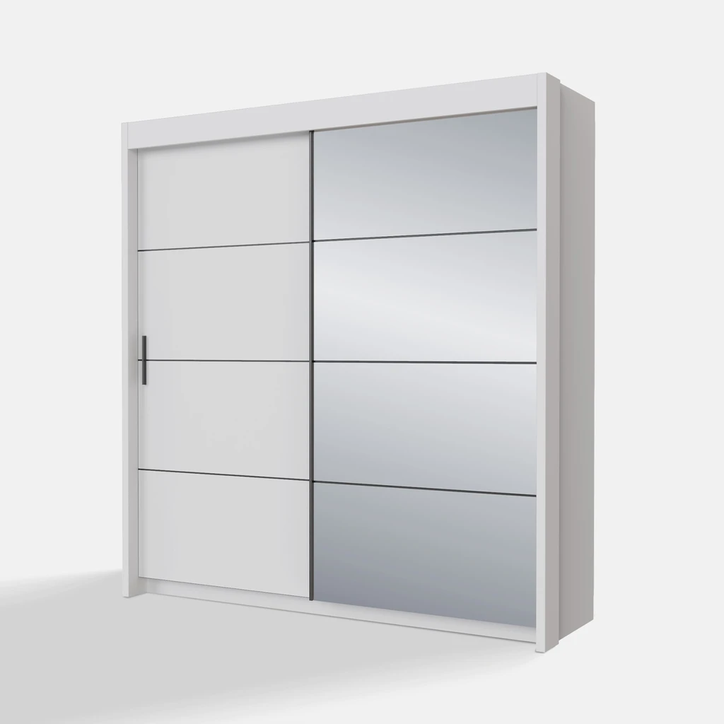 Biała szafa z przesuwnymi frontami. Jeden front posiada w całości zabudowę z lustra