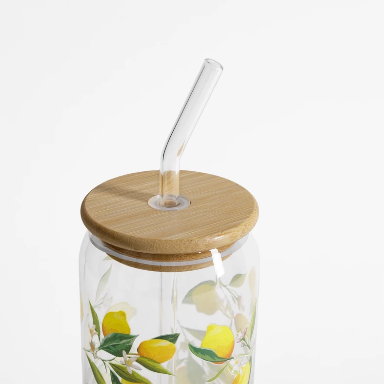 Sklenice s bambusovým víčkem a brčkem CITRÓNY 500 ml
