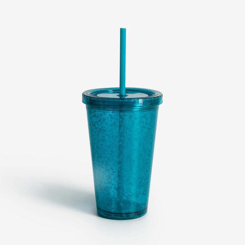 Kubek plastikowy ze słomką niebieski 500 ml