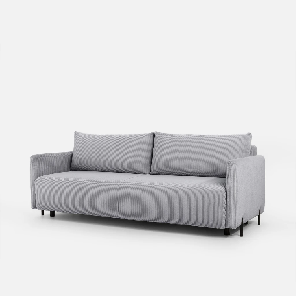 Jasnoszara sofa z prostokątnymi poduszkami i funkcją spania.