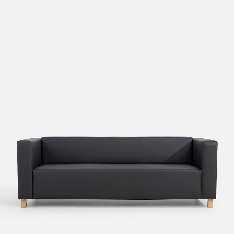 Widok od frontu, sofa z tkaniny imitującej skórę w grafitowym kolorze, z jasnymi nóżkami z drewna bukowego.