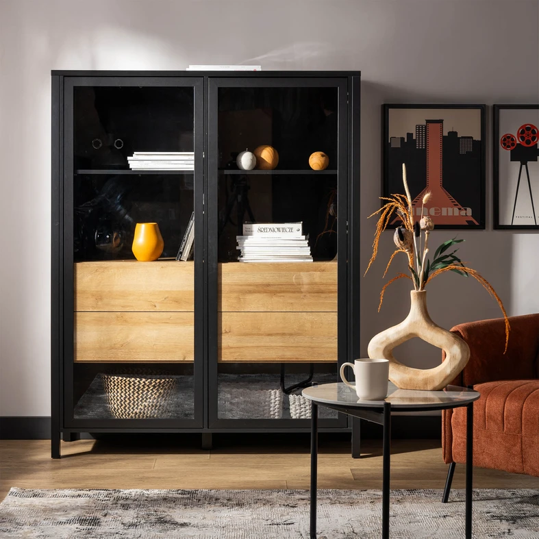Skleněná vitrína se zásuvkami v industriálním stylu HIGH ROCK