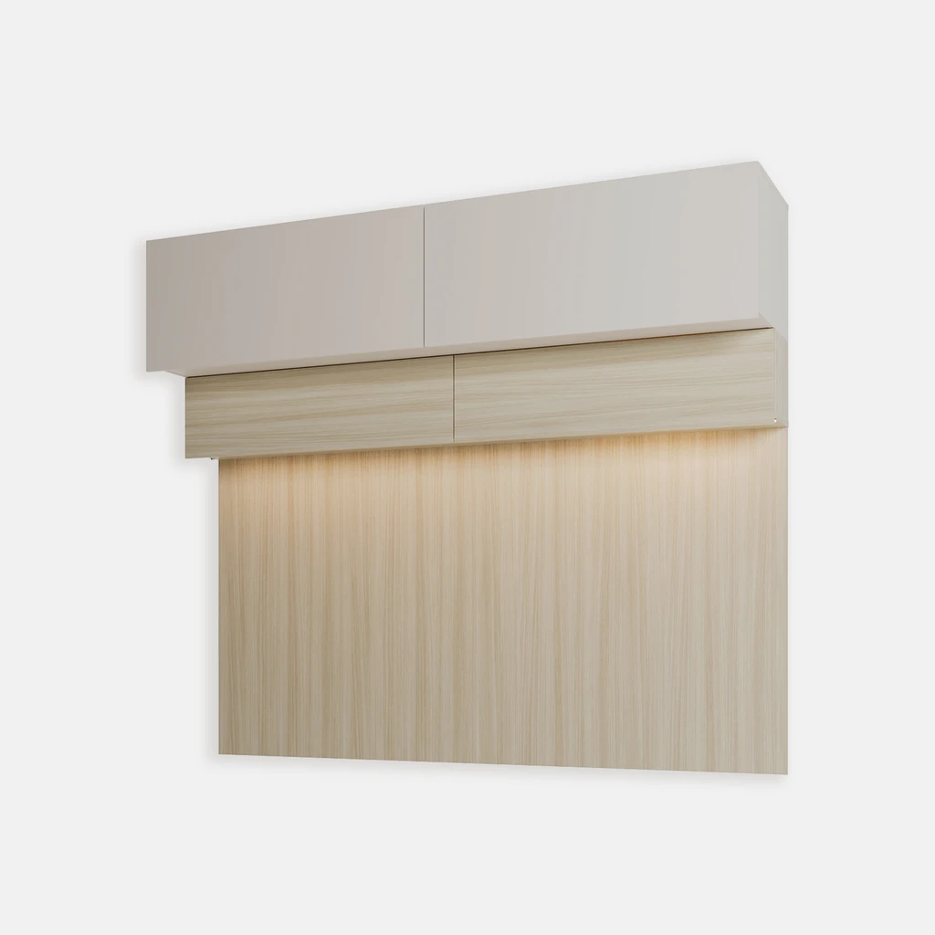 Panel z szafkami klapowymi z dedykowanym oświetleniem LED w ciepłej barwie