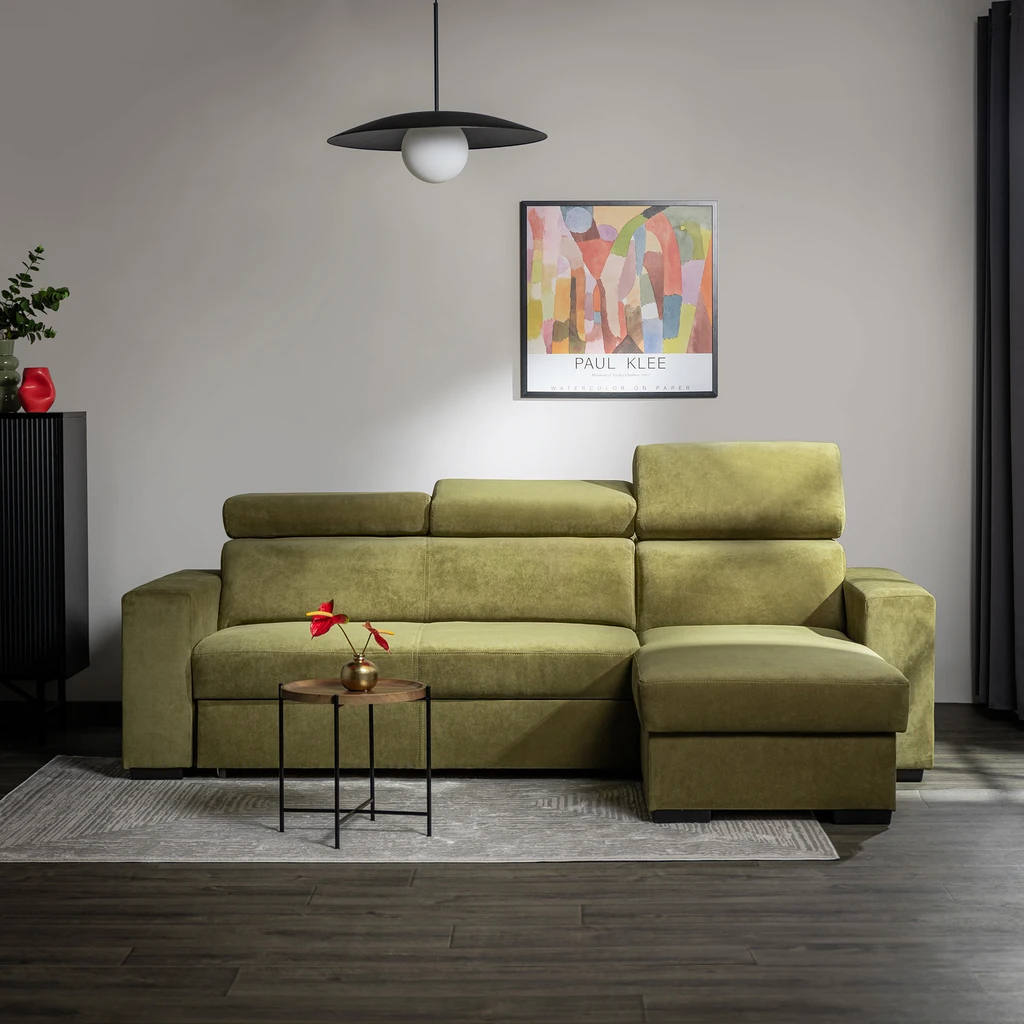 Rozkládací rohová sedací souprava olivově zelená MATRIX univerzální