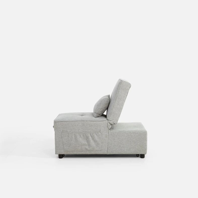 Szara sofa 1-osobowa rozkładana, z boczną kieszenią