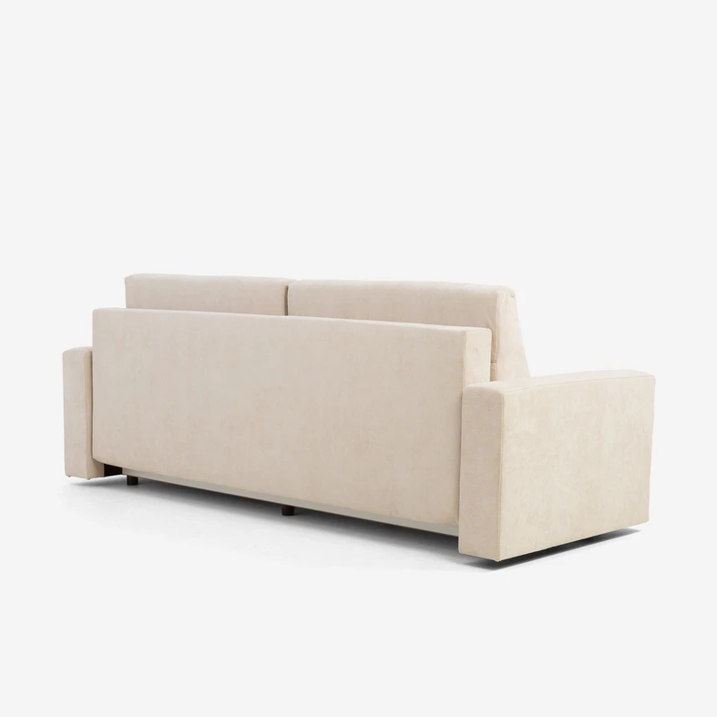 Beżowa sofa z funkcją rozkładania i stabilnymi podłokietnikami – idealna na co dzień.