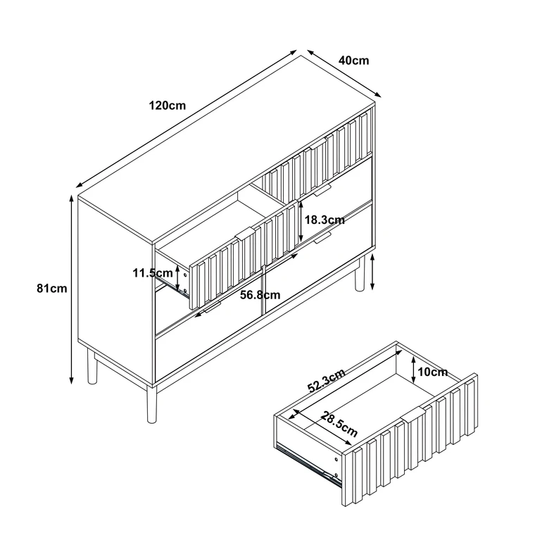 Rysunek techniczny z wybranymi wymiarami mebla