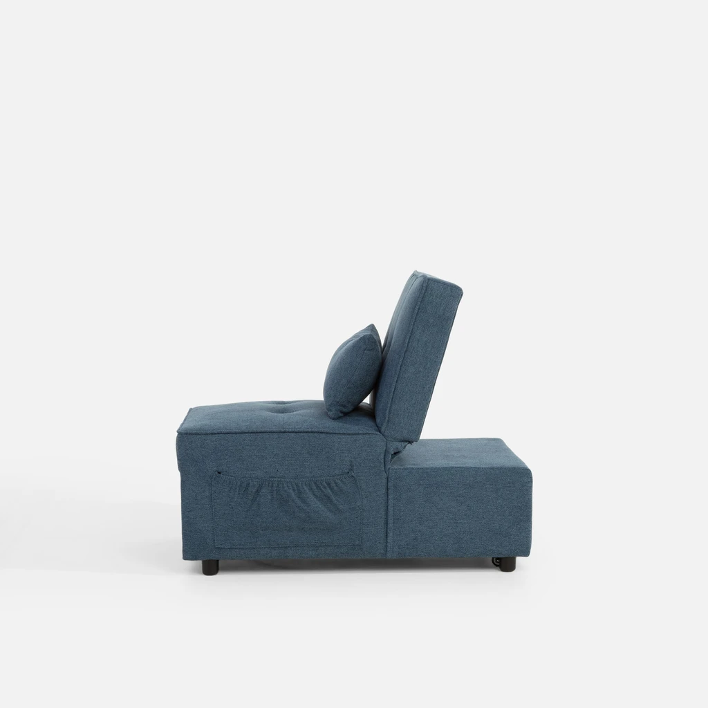 Niebieska sofa 1-osobowa rozkładana, z kieszenią boczną