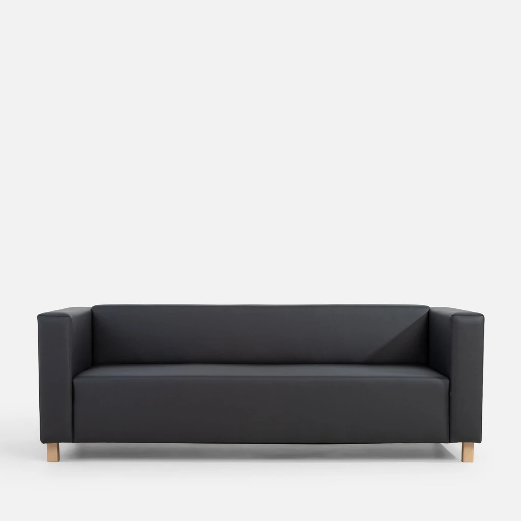 Widok od frontu, sofa z tkaniny imitującej skórę w grafitowym kolorze, z jasnymi nóżkami z drewna bukowego.
