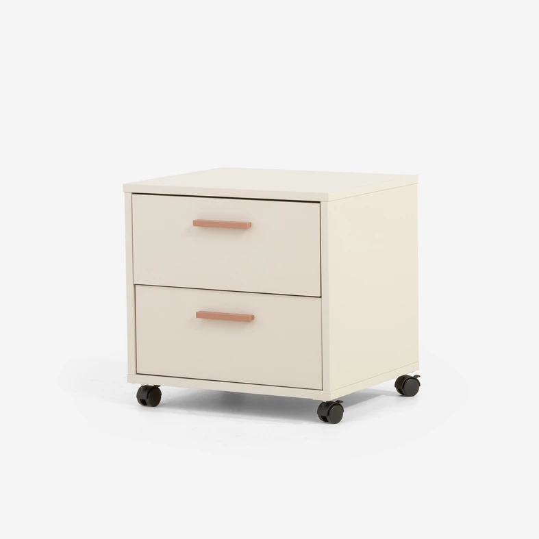 Kompaktowa szafka na kółkach z 2 szufladami – wygodne miejsce na drobiazgi przy łóżku.