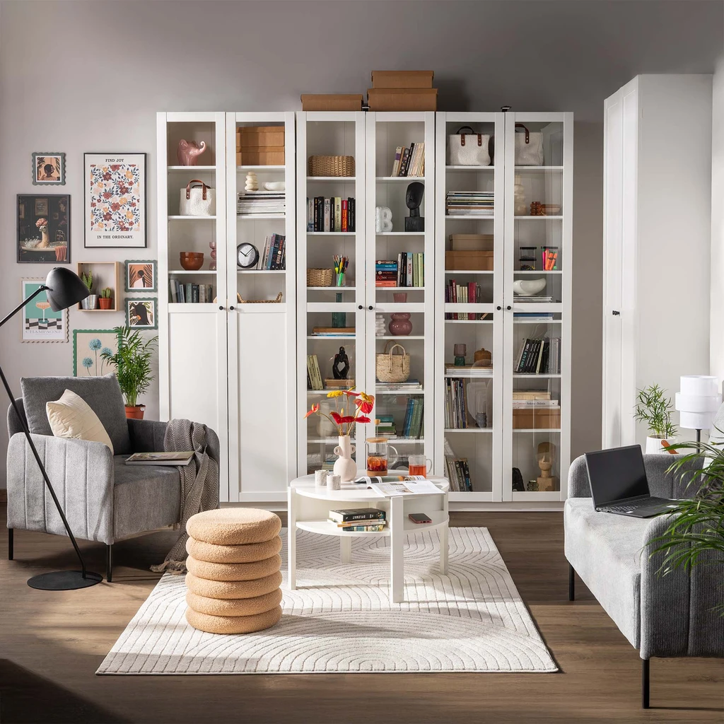 Regál se skleněnými dvířky BEN bílý