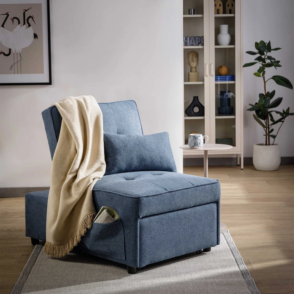 Niebieska sofa 1-osobowa rozkładana, z kieszenią boczną