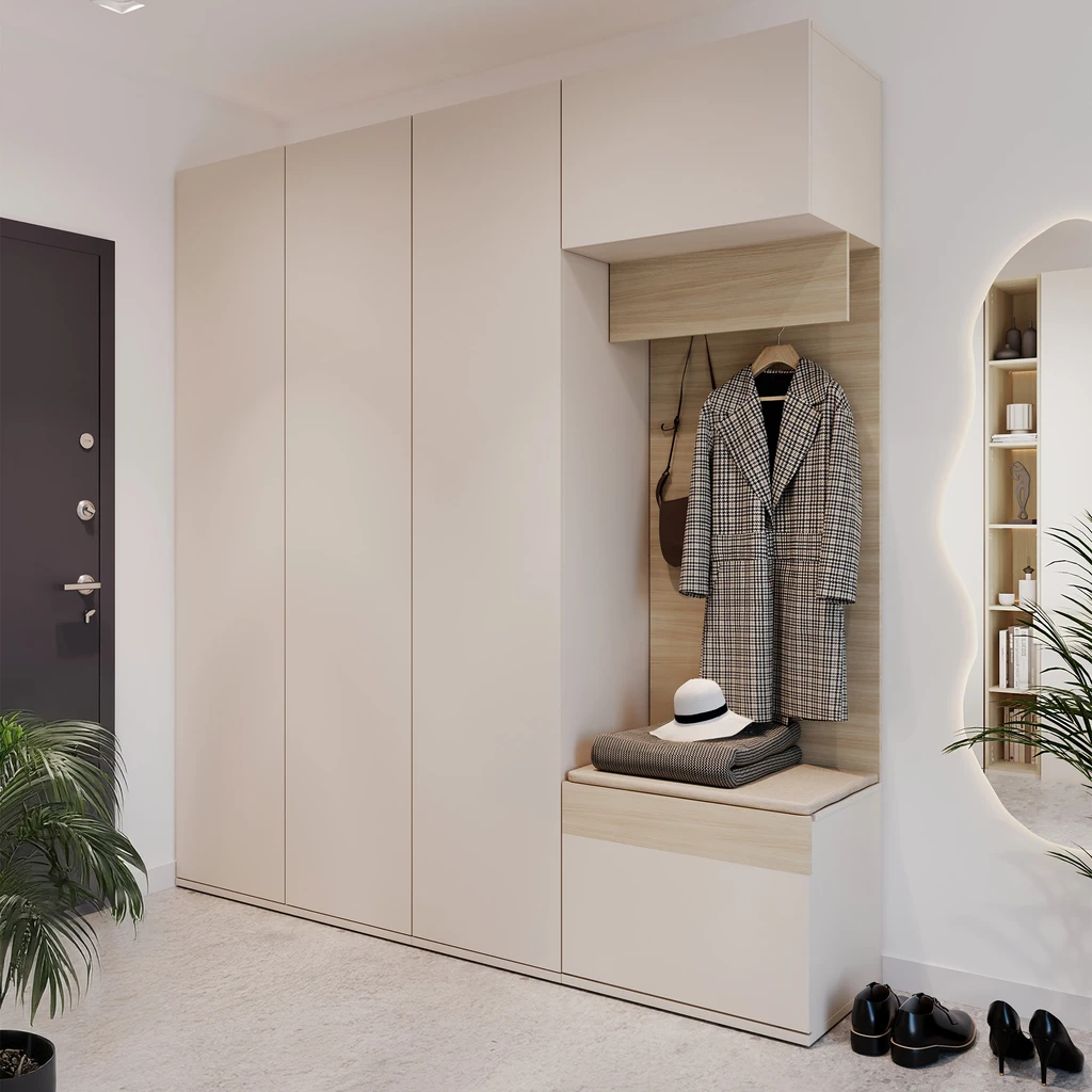 Zabudowa na całą ścianę w przedpokoju z szafami i garderobą na rogu