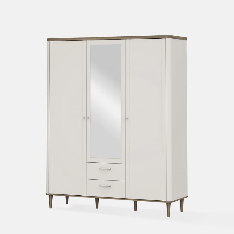 Beżowa szafa trzydrzwiowa z elementami w kolorze ciepłego drewna i lustrem na środkowym froncie