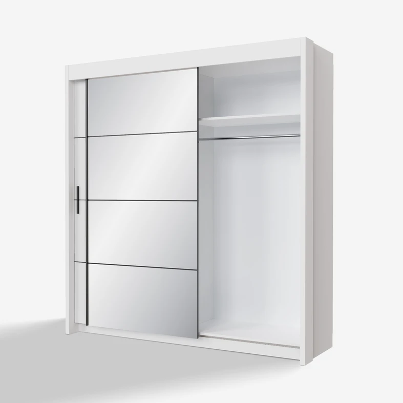 Otwarta biała szafa z widocznym wnętrzem z półkami i drążkiem ubraniowym