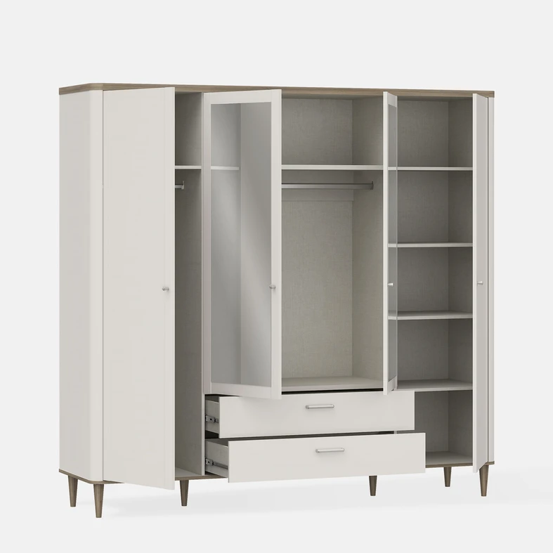 Otwarta szafa z widocznym wnętrzem - półkami i drążkami ubraniowymi