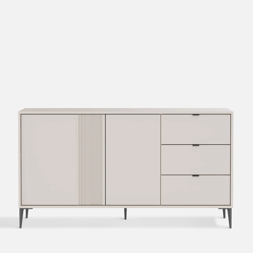 Komoda INERTIA w kolorze kaszmiru – 2 szafki, 3 szuflady i metalowe nóżki w lekkiej, nowoczesnej formie.