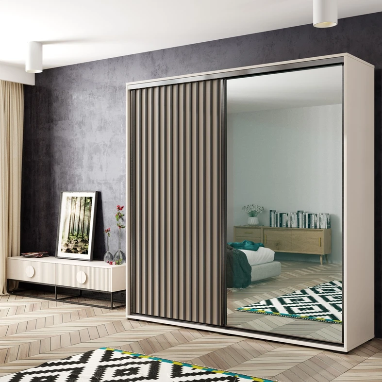 Aranżacja nowoczesnej sypialni z kaszmirową szafą z lamelami i lustrem